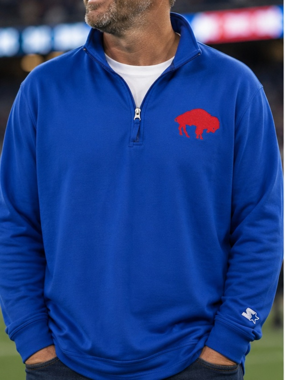STARTER Royal Blue Quarter-Zip Pullover with Red Buffalo Patch
